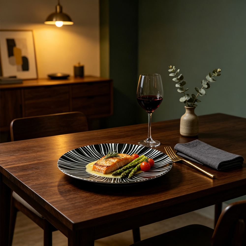Black Radial Line Ceramic Dinner Plate